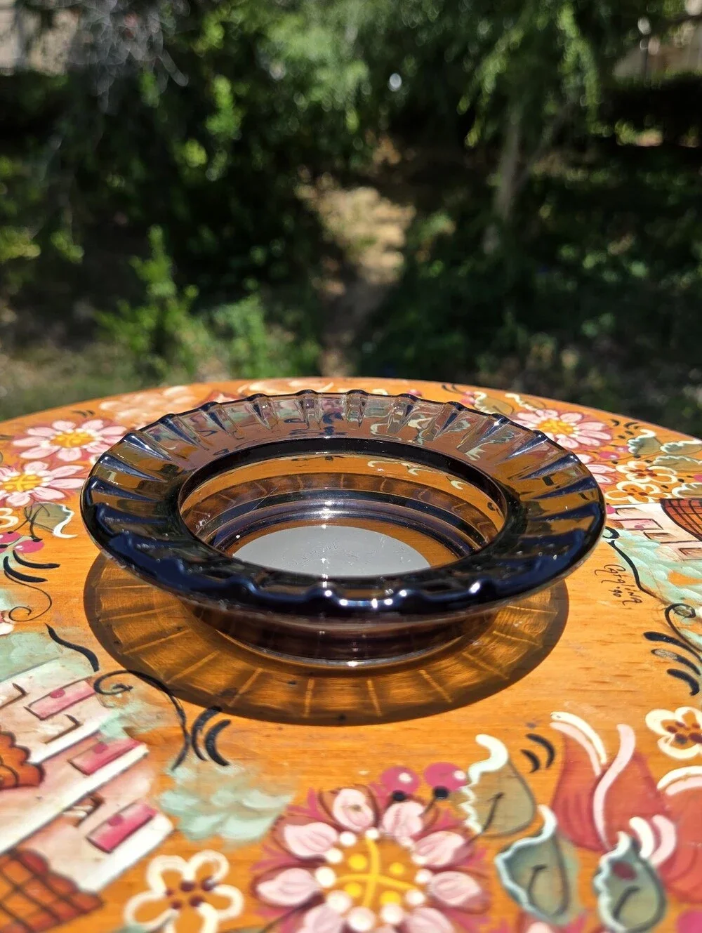 Vintage Smoked‎ Glass Ashtray Round Gray Black Mid Century Retro Tobacciana Dish